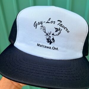 GAY-LOR TAVERN Mattawa Ontario trucker hat vintage snapbacl black white mesh